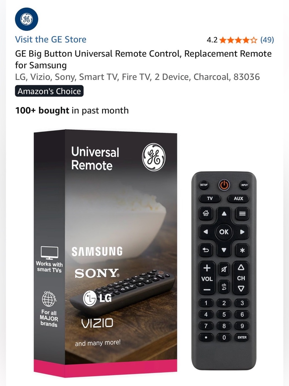 GE Big Button Universal Remote Control, Replacement Remote for Samsung NEW